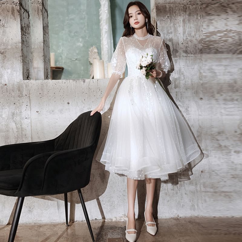 Neck Long-Sleeve Mock A-Line Floral Gown Plain (Various Designs) Evening