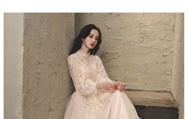 Neck Long-Sleeve Mock A-Line Floral Gown Plain (Various Designs) Evening
