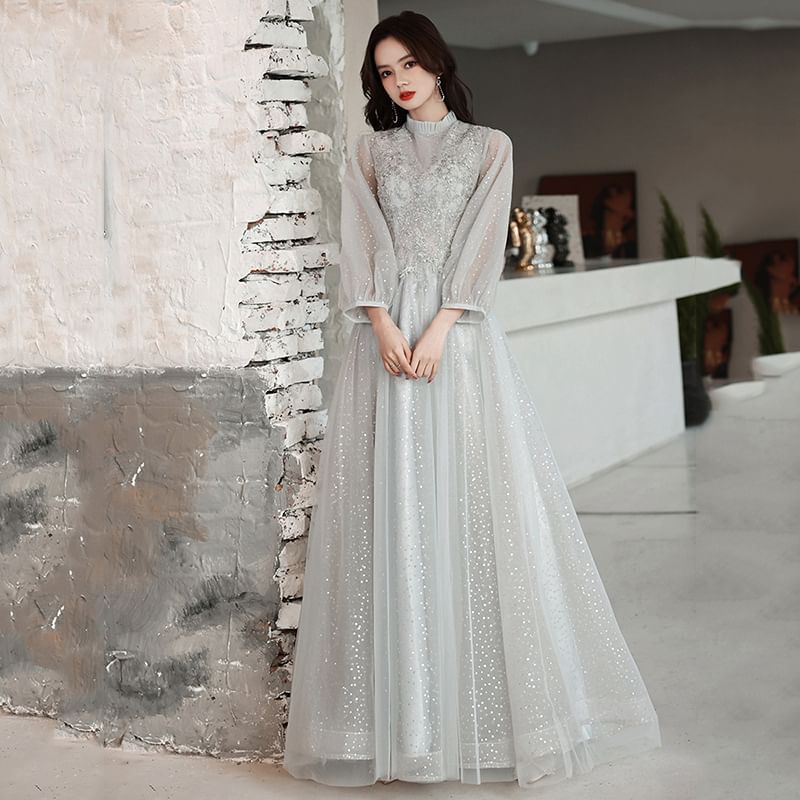 A-Line Long-Sleeve Evening Lace Gown
