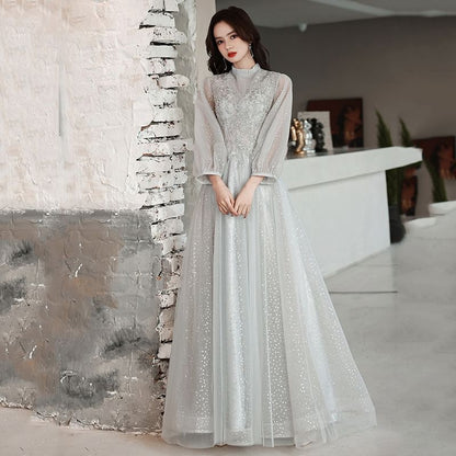 A-Line Long-Sleeve Evening Lace Gown