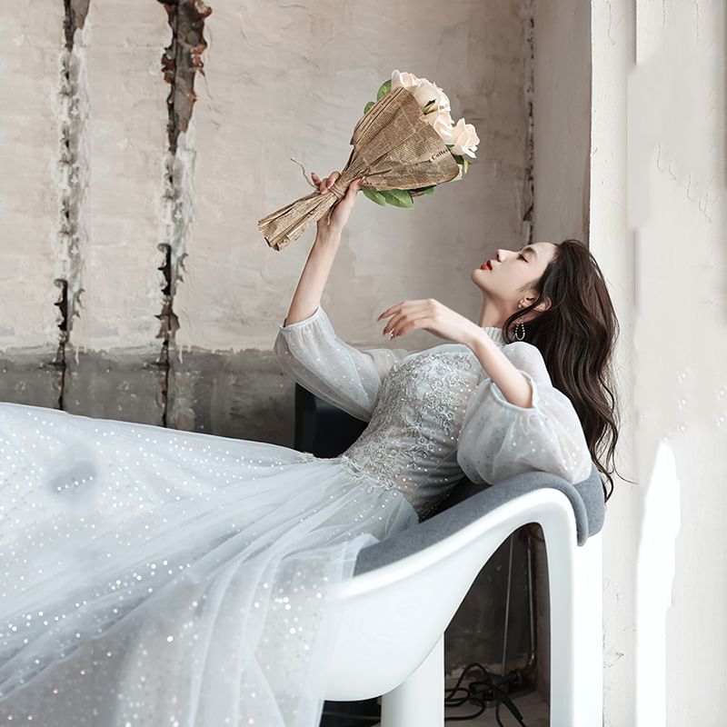 A-Line Long-Sleeve Evening Lace Gown