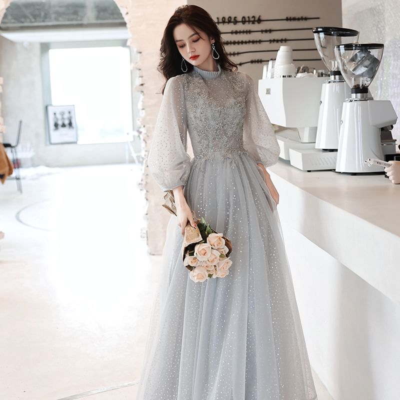 A-Line Long-Sleeve Evening Lace Gown