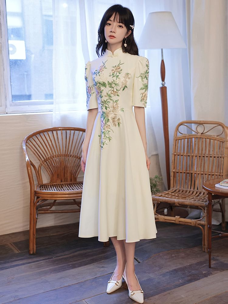 Short-Sleeve (Various A-Line Designs) Embroidered Floral Evening Gown