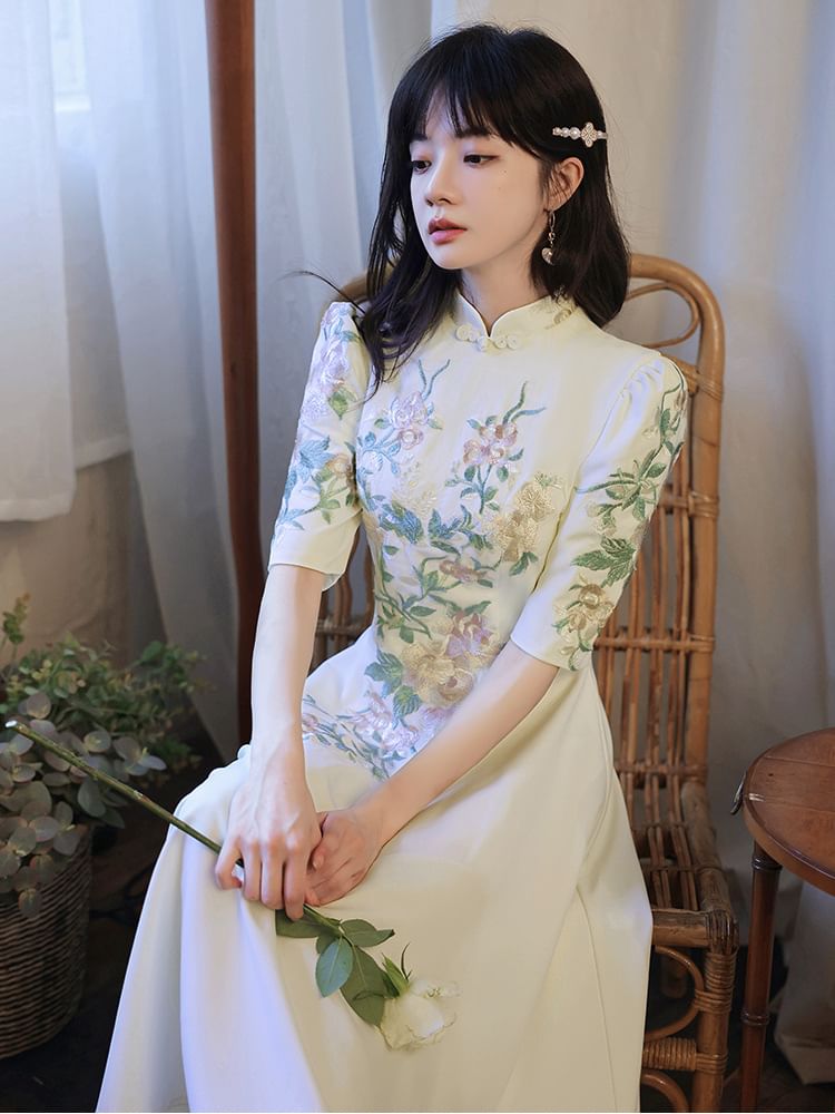 Short-Sleeve (Various A-Line Designs) Embroidered Floral Evening Gown
