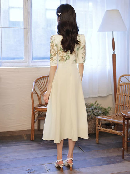 Short-Sleeve (Various A-Line Designs) Embroidered Floral Evening Gown