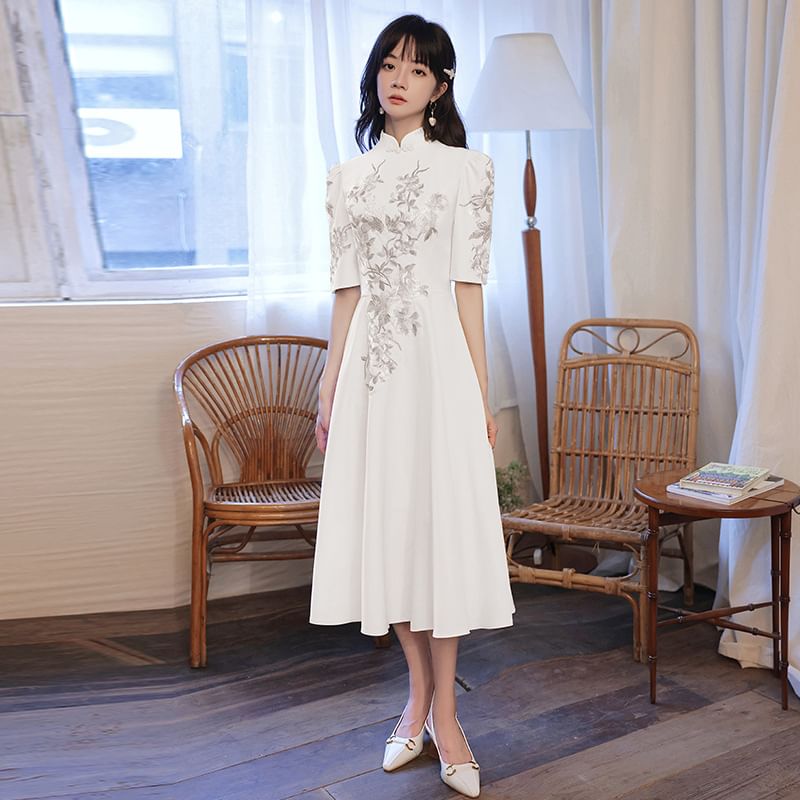 Short-Sleeve (Various A-Line Designs) Embroidered Floral Evening Gown