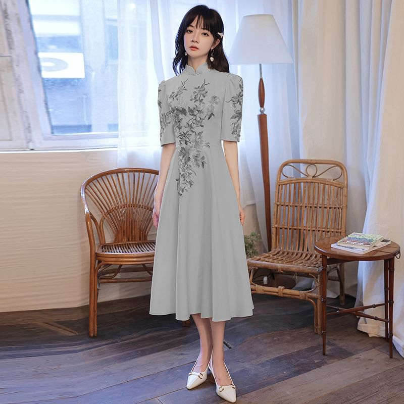 Short-Sleeve (Various A-Line Designs) Embroidered Floral Evening Gown