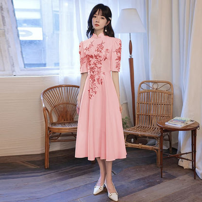 Short-Sleeve (Various A-Line Designs) Embroidered Floral Evening Gown