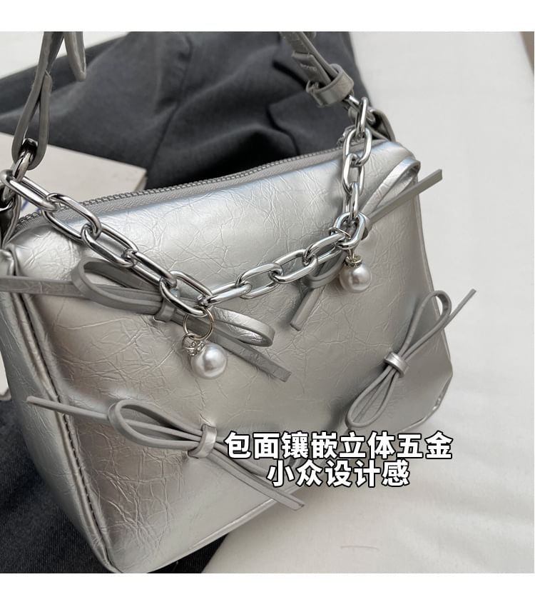 Bow Chain Detail Faux Leather Crossbody Bag