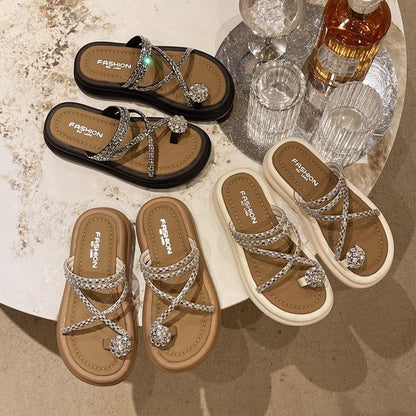 Rhinestone Toe Loop Platform Slide Sandals