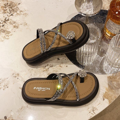 Rhinestone Toe Loop Platform Slide Sandals