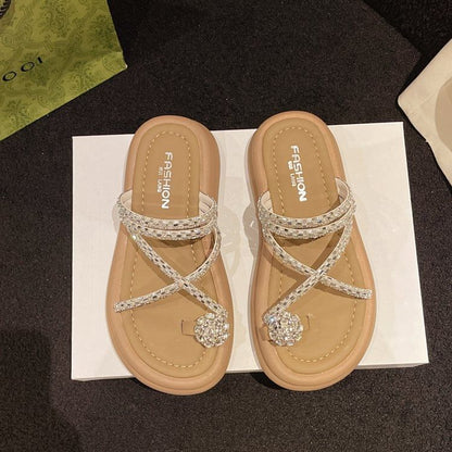 Rhinestone Toe Loop Platform Slide Sandals