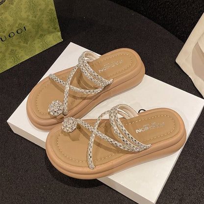 Rhinestone Toe Loop Platform Slide Sandals