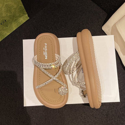 Rhinestone Toe Loop Platform Slide Sandals