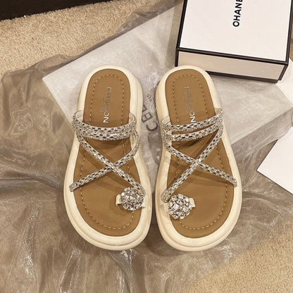 Rhinestone Toe Loop Platform Slide Sandals