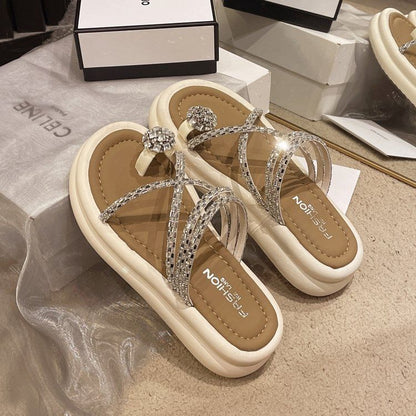 Rhinestone Toe Loop Platform Slide Sandals