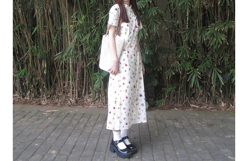 Short-Sleeve Print Midi A-Line Qipao