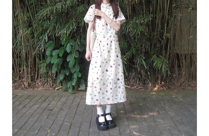 Short-Sleeve Print Midi A-Line Qipao