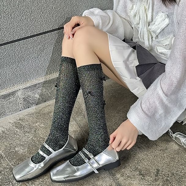 Bow Glitter Ribbed Knee High Socks