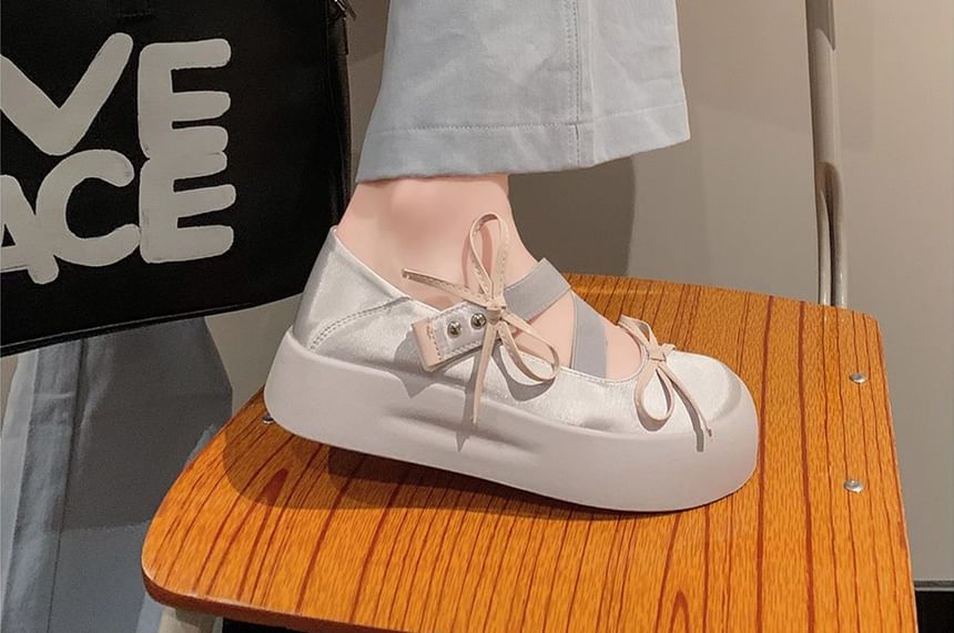 Platform Bow Accent Satin Mary Jane Shoes