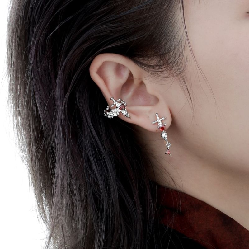 Floral Cross Rhinestone Ear Cuff