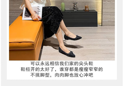 Pointy Toe Bow Sequin Flats