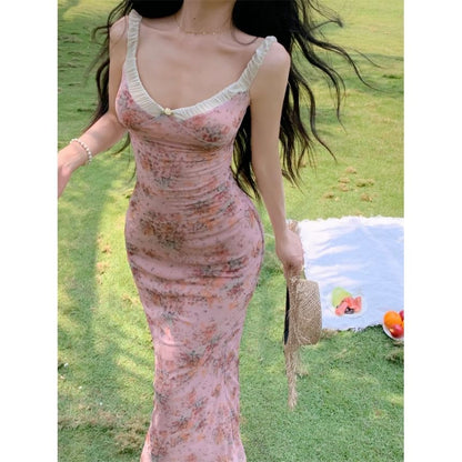 Spaghetti Strap Floral Maxi Sheath Dress