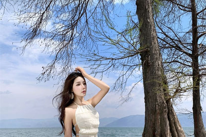 Set: Striped Halter Top + Mid Waist Maxi A-Line Skirt