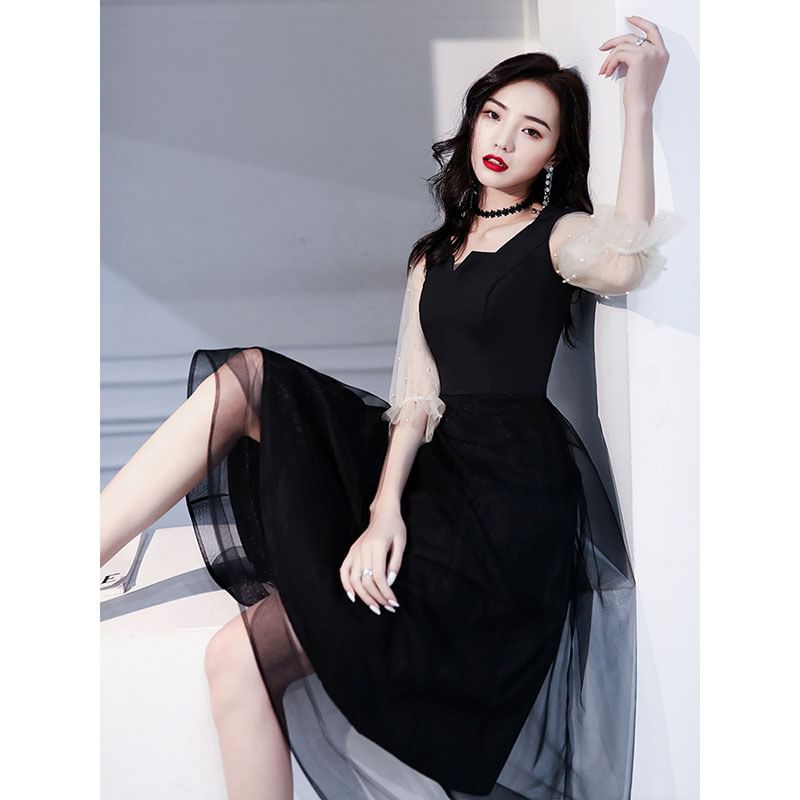 Faux Dress Evening Puff-Sleeve Gown A-Line Pearl / Cocktail Square-Neck Mesh Paneled