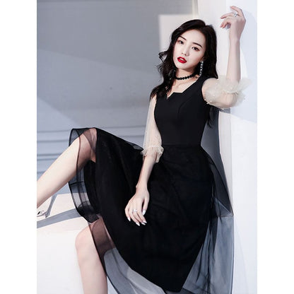 Faux Dress Evening Puff-Sleeve Gown A-Line Pearl / Cocktail Square-Neck Mesh Paneled