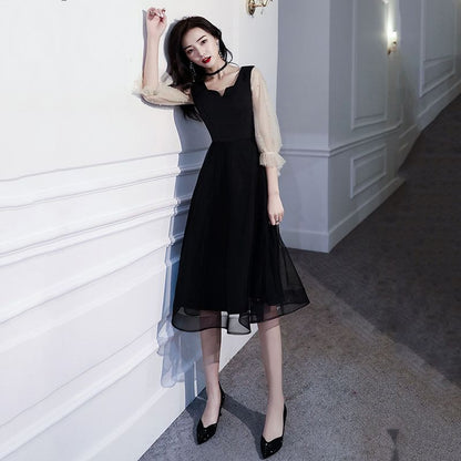 Faux Dress Evening Puff-Sleeve Gown A-Line Pearl / Cocktail Square-Neck Mesh Paneled