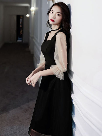 Faux Dress Evening Puff-Sleeve Gown A-Line Pearl / Cocktail Square-Neck Mesh Paneled