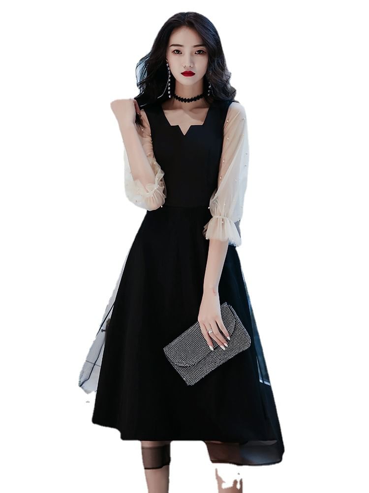 Faux Dress Evening Puff-Sleeve Gown A-Line Pearl / Cocktail Square-Neck Mesh Paneled