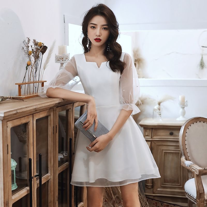 Puff-Sleeve Paneled / Dress Evening Cocktail Faux Gown Square-Neck A-Line Mesh Pearl