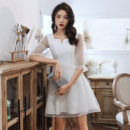 Puff-Sleeve Paneled / Dress Evening Cocktail Faux Gown Square-Neck A-Line Mesh Pearl