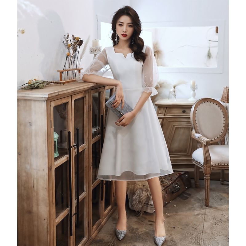 Puff-Sleeve Paneled / Dress Evening Cocktail Faux Gown Square-Neck A-Line Mesh Pearl