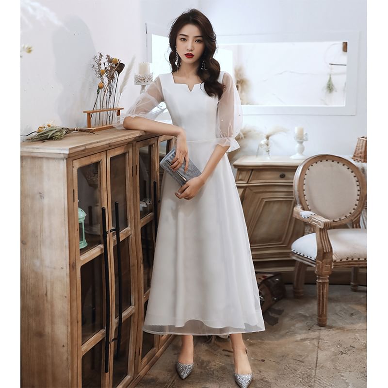 Puff-Sleeve Paneled / Dress Evening Cocktail Faux Gown Square-Neck A-Line Mesh Pearl