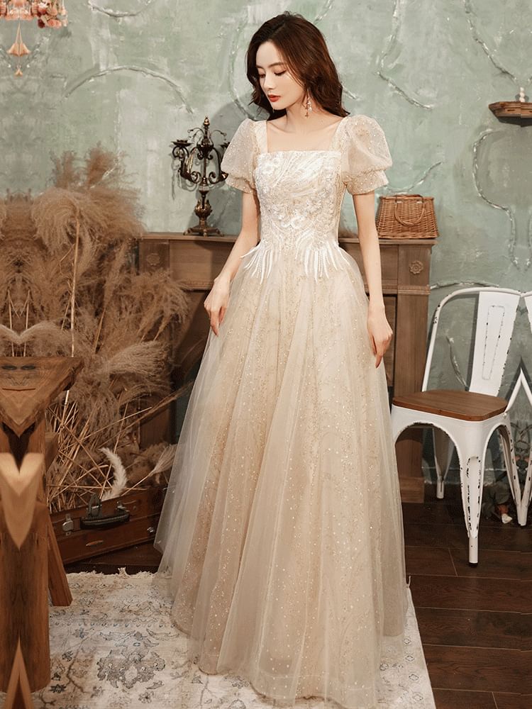 (Various Gown Evening Floral Designs) A-Line Puff-Sleeve Square-Neck Sequined