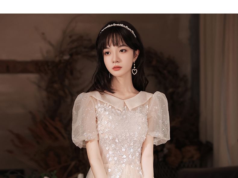 A-Line (Various Square-Neck Puff-Sleeve Evening Gown Designs) Floral Sequined
