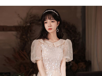 A-Line (Various Square-Neck Puff-Sleeve Evening Gown Designs) Floral Sequined