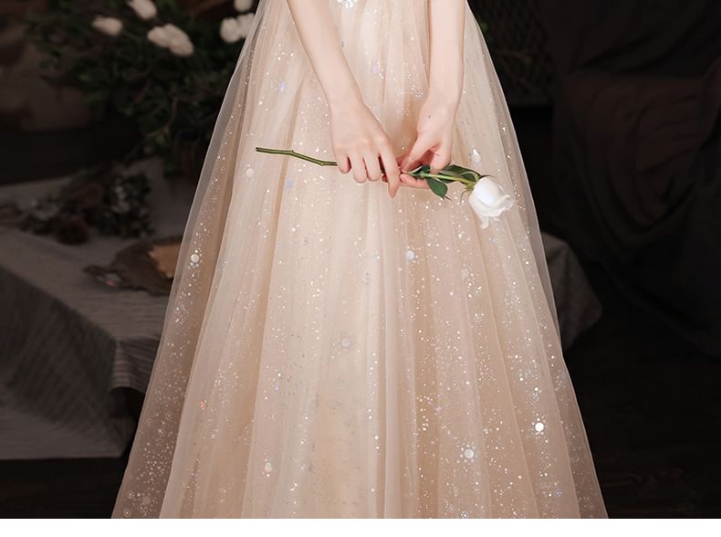 A-Line (Various Square-Neck Puff-Sleeve Evening Gown Designs) Floral Sequined