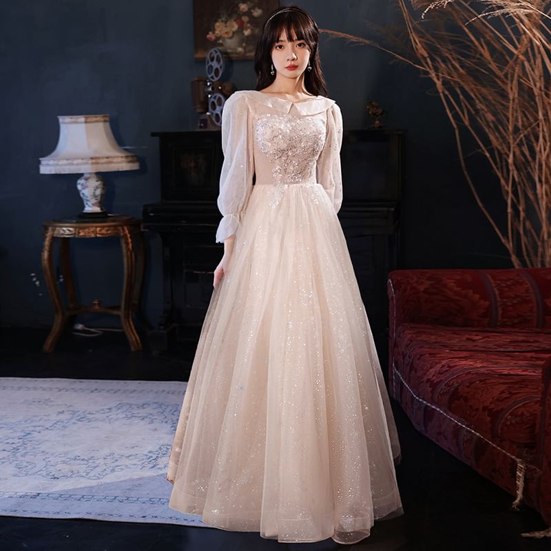 Square-Neck Gown Designs) Puff-Sleeve (Various Sequined Floral Evening A-Line