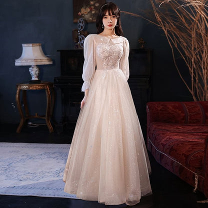 Square-Neck Gown Designs) Puff-Sleeve (Various Sequined Floral Evening A-Line