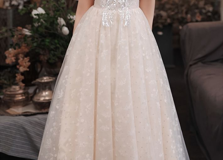 Square-Neck Gown Designs) Puff-Sleeve (Various Sequined Floral Evening A-Line