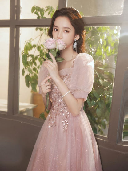 A-Line (Various Square-Neck Puff-Sleeve Floral Gown Designs) Evening Sequined
