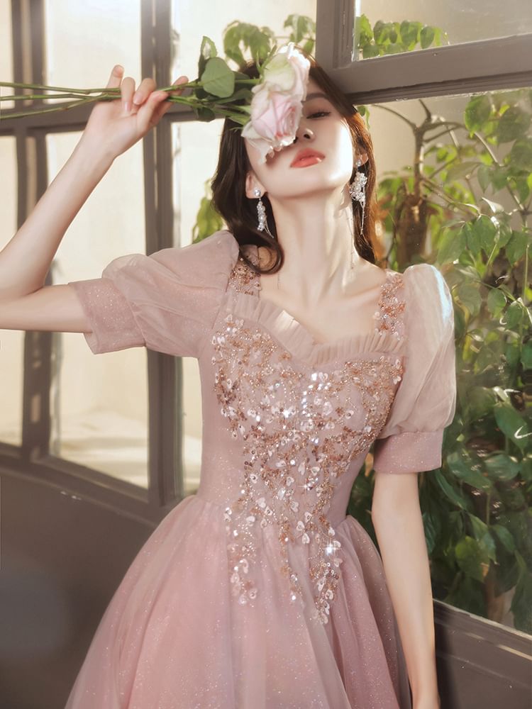 A-Line (Various Square-Neck Puff-Sleeve Floral Gown Designs) Evening Sequined