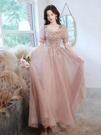 A-Line (Various Square-Neck Puff-Sleeve Floral Gown Designs) Evening Sequined