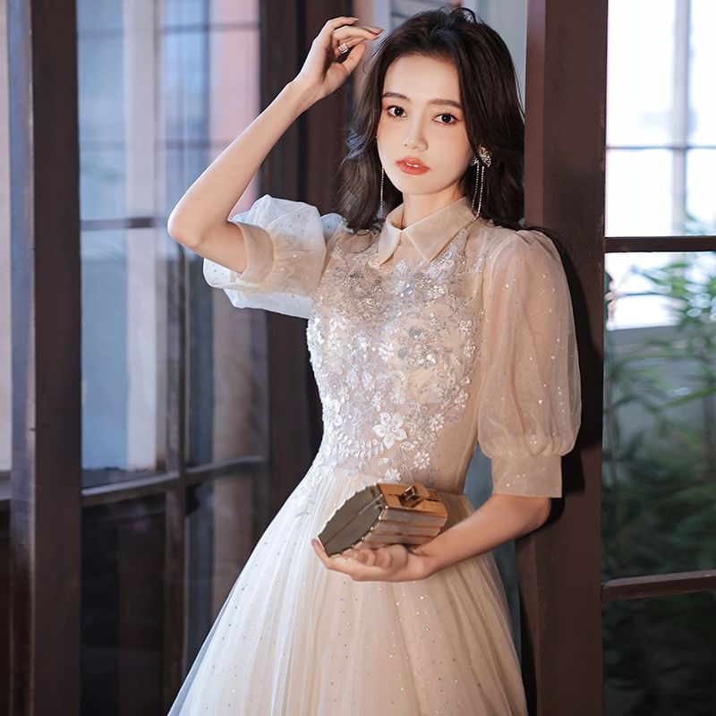 Square-Neck (Various Evening Designs) A-Line Sequined Puff-Sleeve Floral Gown