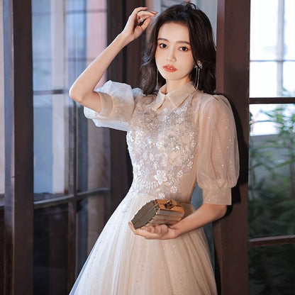 Square-Neck (Various Evening Designs) A-Line Sequined Puff-Sleeve Floral Gown