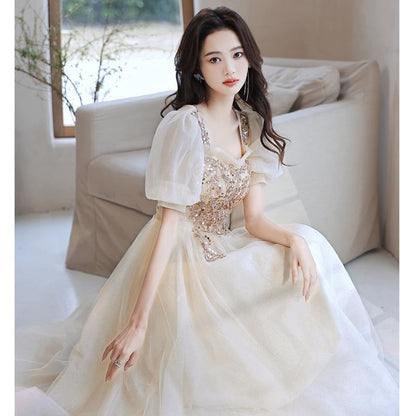 Puff-Sleeve Square-Neck Gown Sequined Evening Designs) A-Line Floral (Various